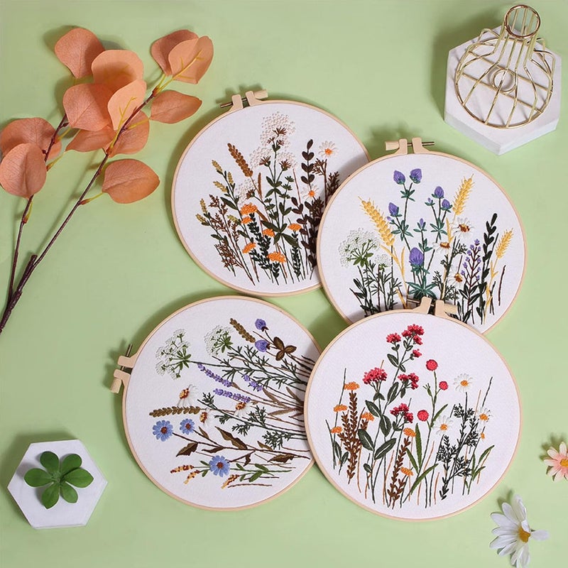 Ohcol 4 Sets Embroidery Kit for Beginners Cross Stitch Kits Needlepoint Kits Crafts for Adults with 2 Embroidery Hoops Easy-to-Follow Operating Instructions,Needle Point Kits with Flowers Patterns - Image 3
